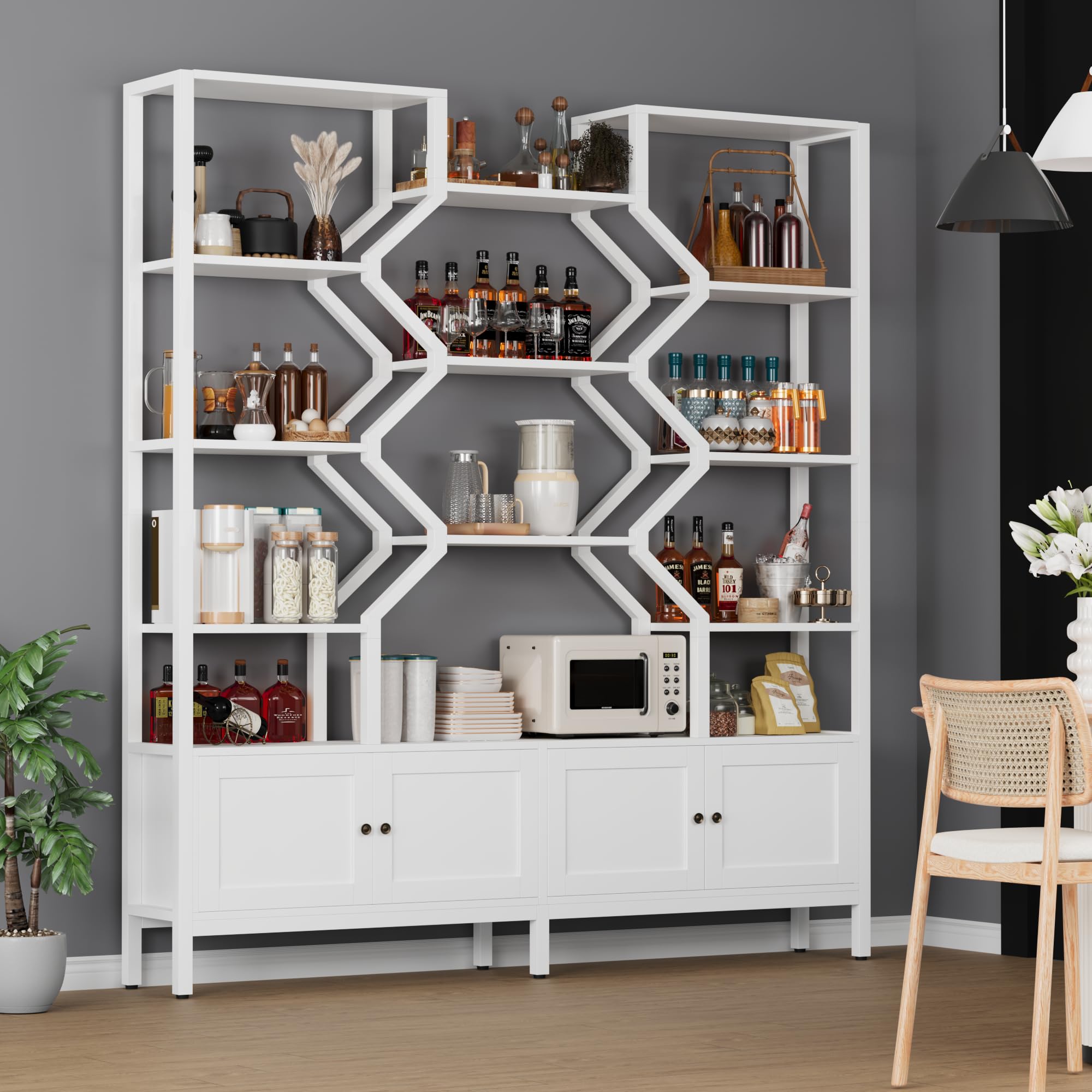 l 5-Tier Bookshelf with 4 Large Storage Cabinet, 74.2" W x 76.5" H Etagere Bookcase 14 Open Display Standing Shelves with Metal Frame for Living Room, Dining Room, White