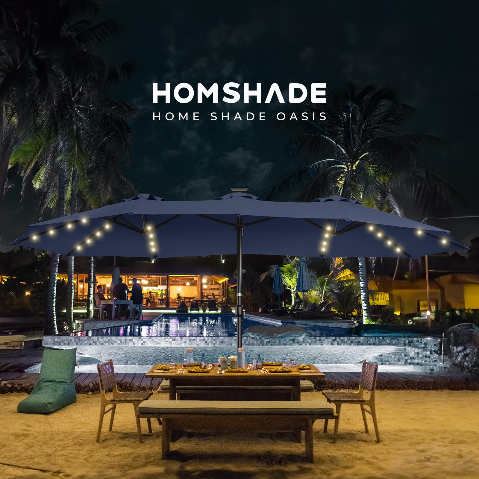 Double Sided Patio Umbrellas - 15ft Solar Lights LED Lighted Outdoor