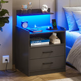 LED Nightstand with Charging Station, Night Stand with 2 Drawers and Open Storage