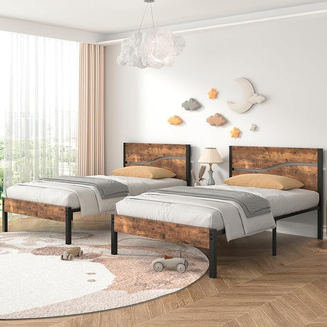 Bed Frame with Wood Headboard and Footboard, Platform Mattress Foundation, Strong