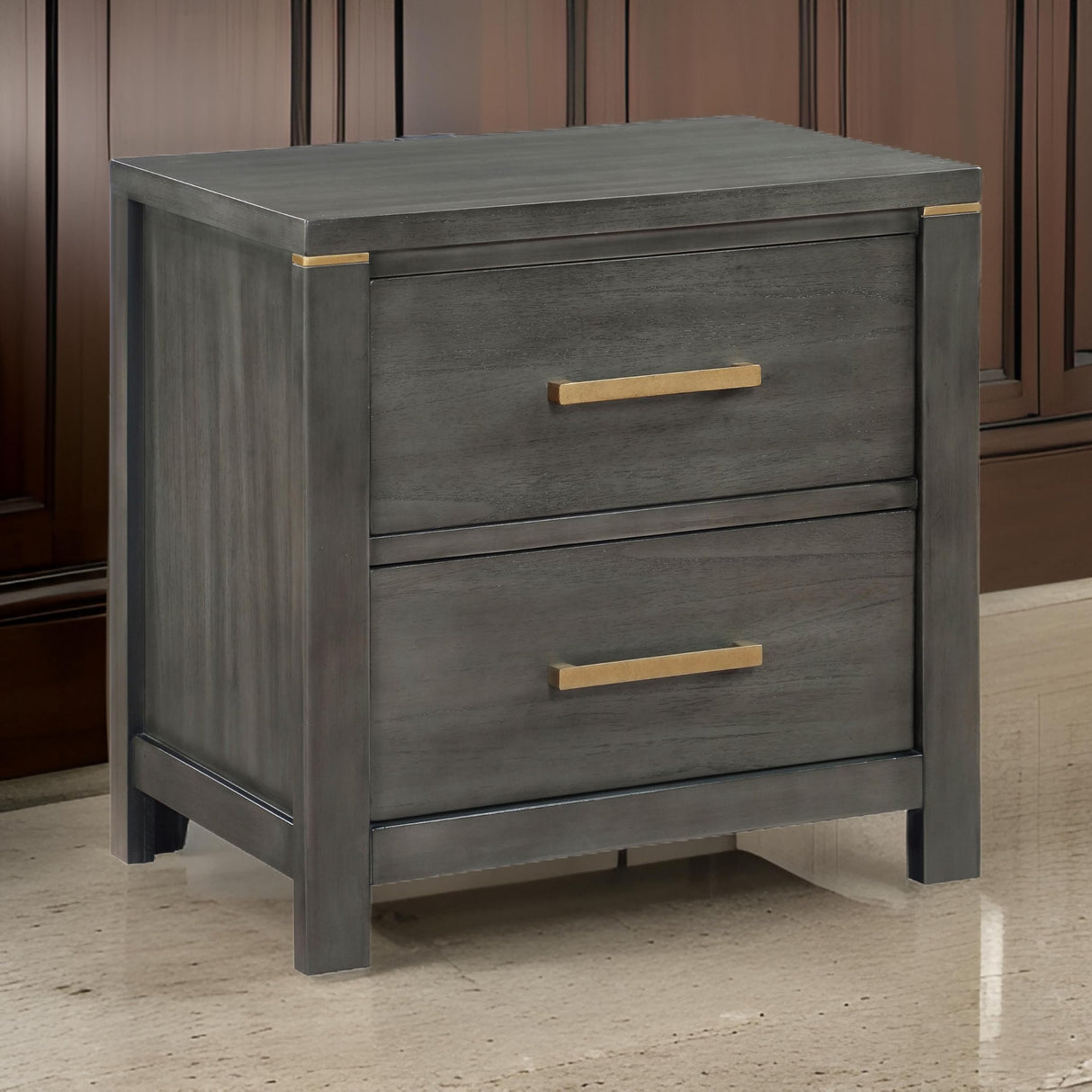 Benjara Ren Nightstand, 2 Drawers, Tone Accents, Bar Handles, Dark, Gray and Brass