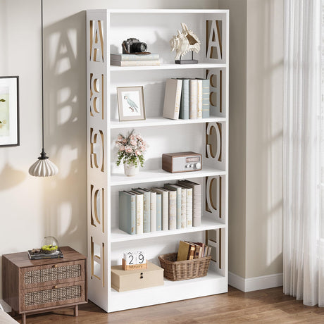 70.87-Inch Tall White Bookshelf, 5-Tier Wood Bookcase with Open Display Shelves