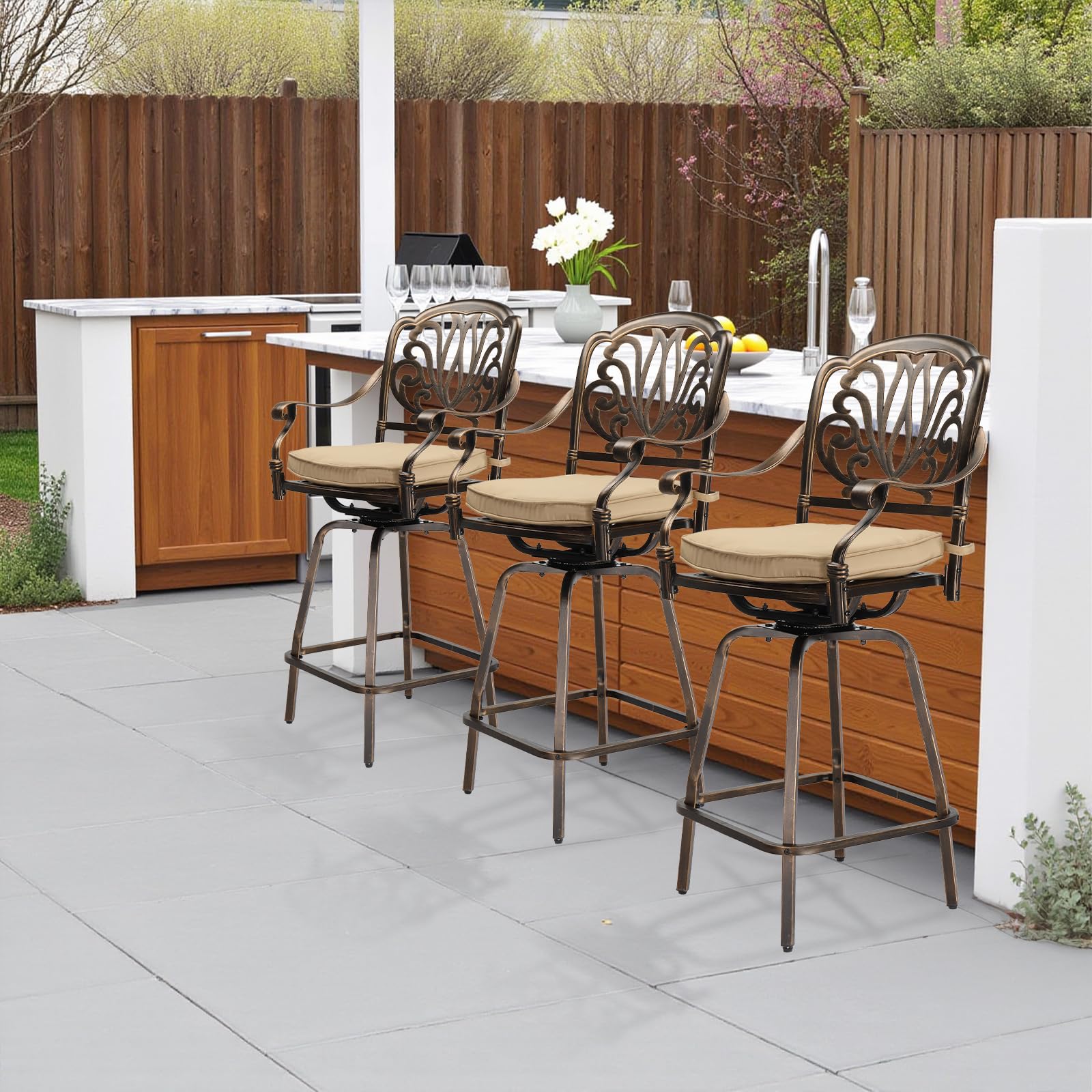 Set of 2 Outdoor Swivel Bar Stools-Cast Aluminum, Bar Height Patio Chairs