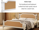 Queen Platform Bed Frame with Rattan Headboard - Traditional Pine Wood