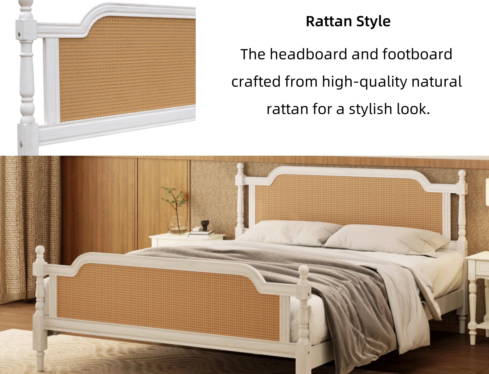 Queen Platform Bed Frame with Rattan Headboard - Traditional Pine Wood