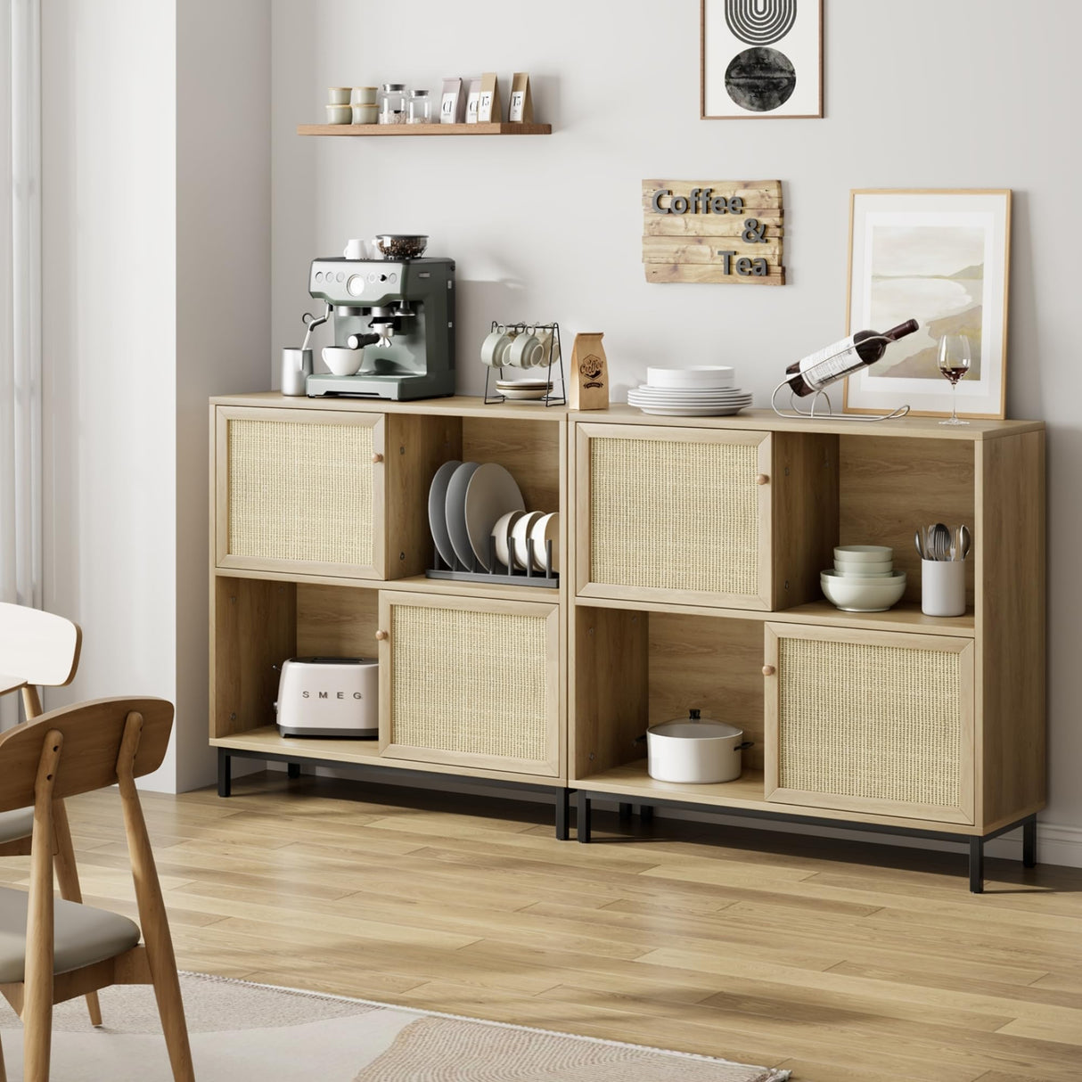 Sideboard Cabinet, Rattan Kitchen Buffet Storage Cabinet with Sliding Door