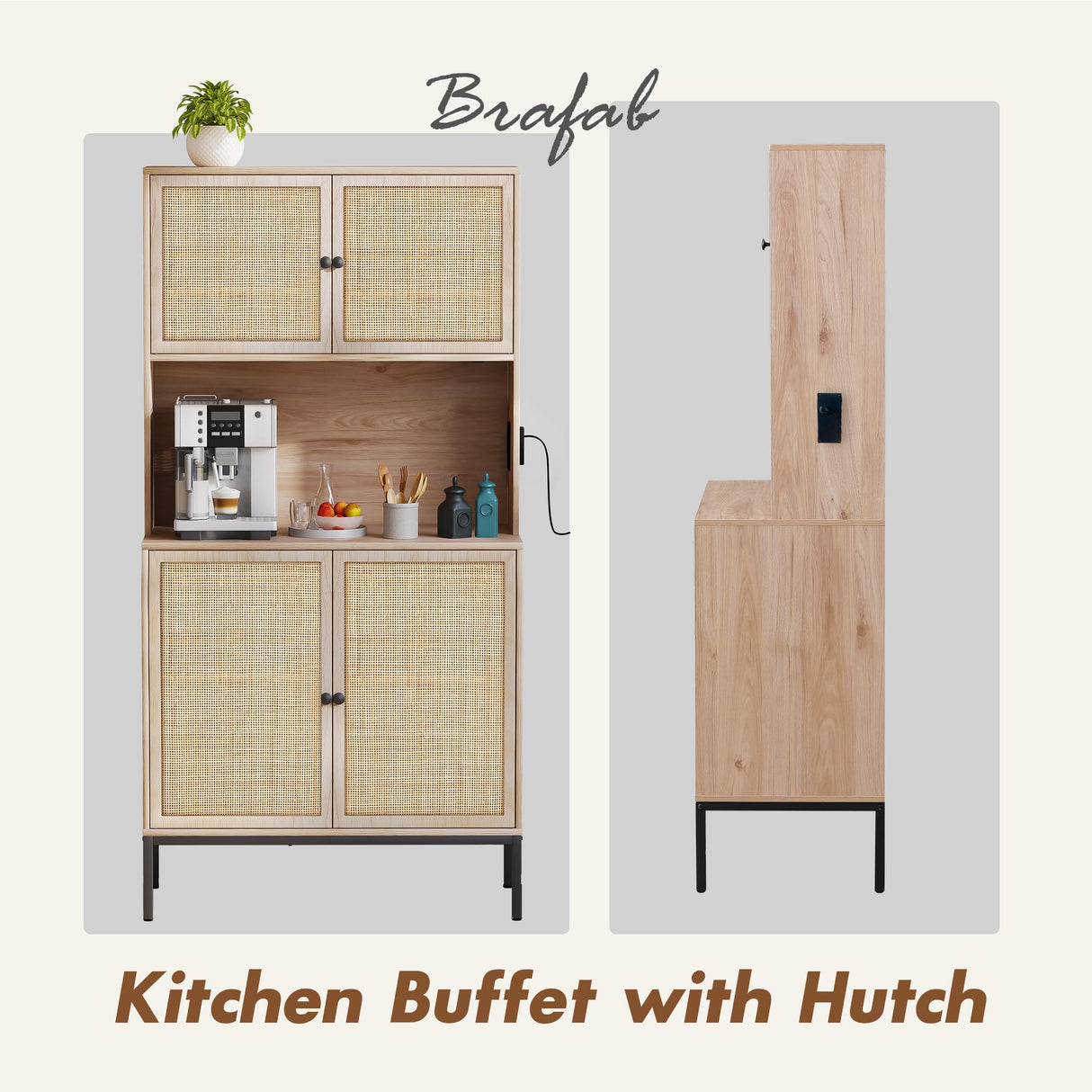 63" Kitchen Buffet with Hutch, Pantry Storage Cabinet with Handmade Natural Rattan