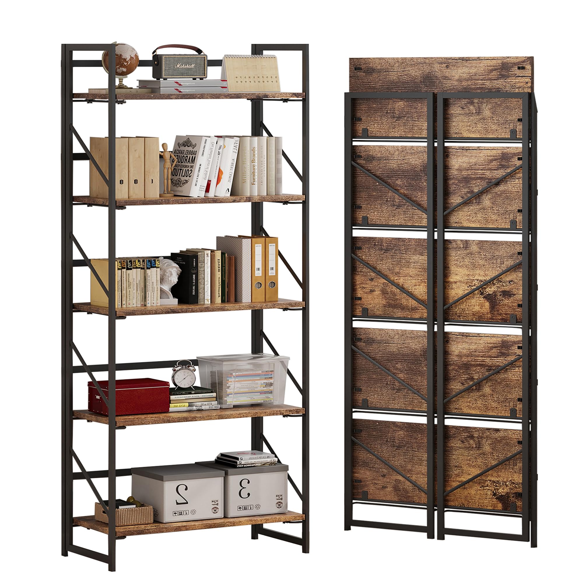 No Assembly Folding Bookshelf, 5 Tier Industrial Metal Book Shelf for Storage