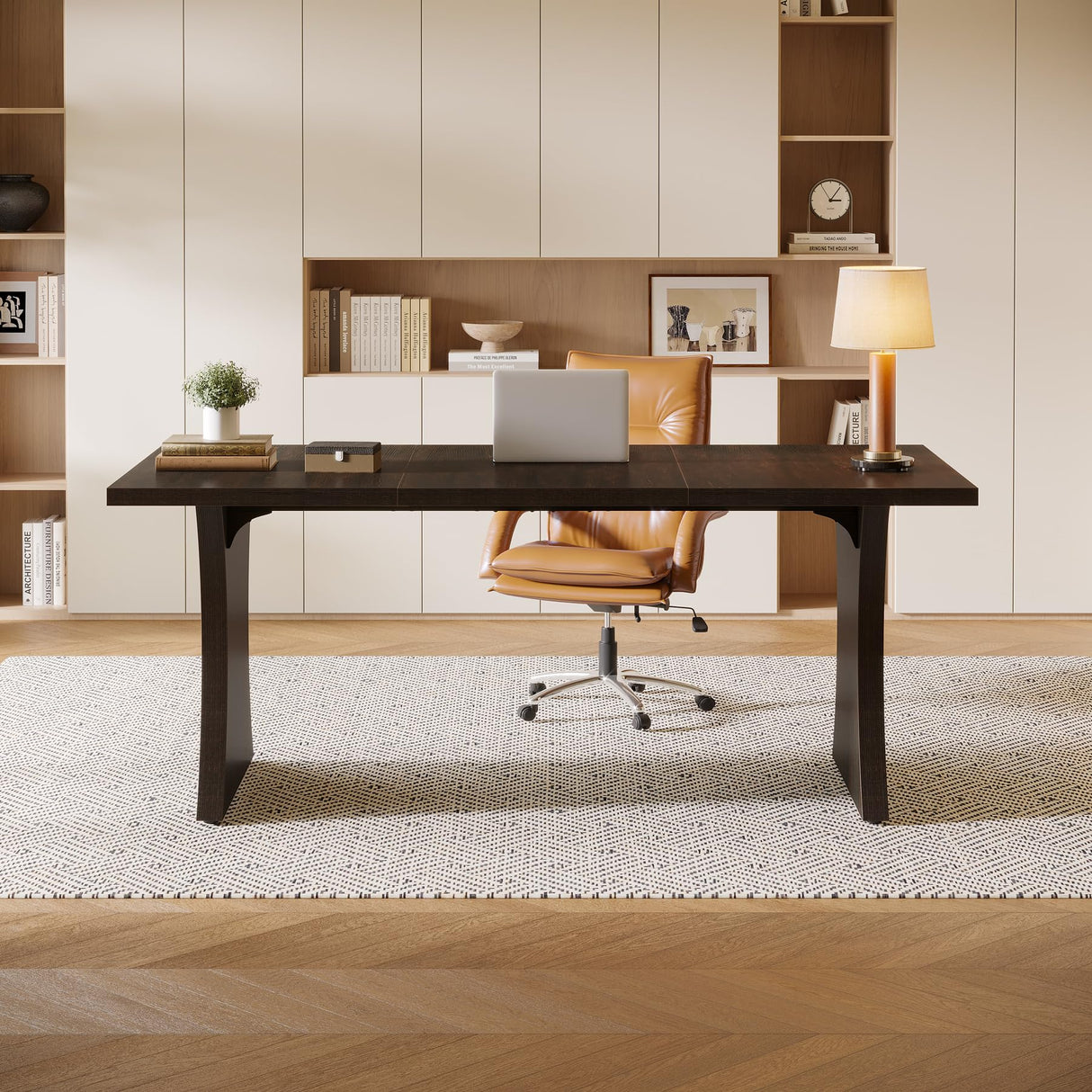 Executive Desk, Long Computer Table, Workstation with Heavy Duty Wood Legs, Modern