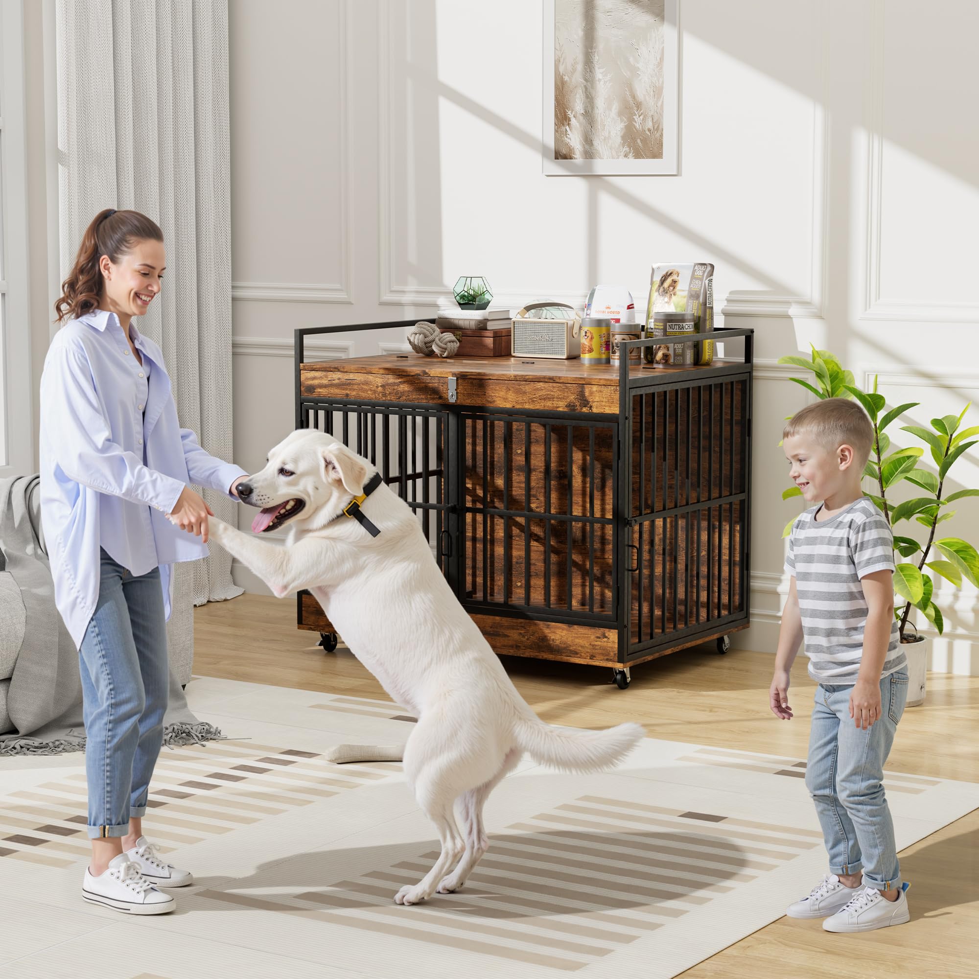 45" Heavy Duty Dog Crate Furniture with Stainless Steel Bowls