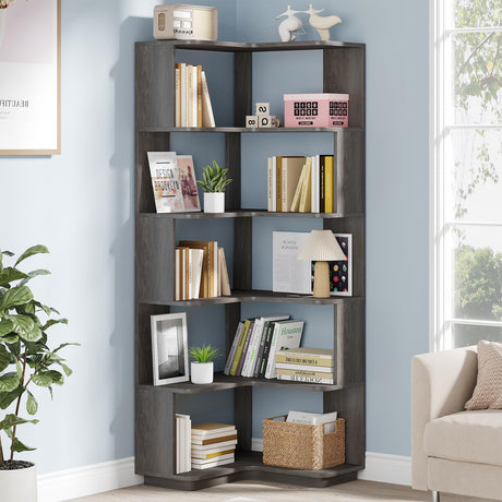 6-Tier Corner Bookshelf, 64.9 Inch Tall Bookcase with Anti-Drop Panel, Industrial Freestanding