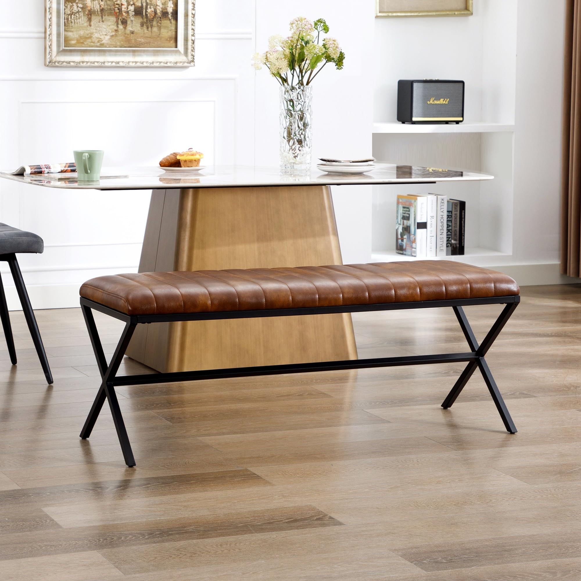 Leather Upholstered Dining Bench with Metal X Legs Yellowish Brown