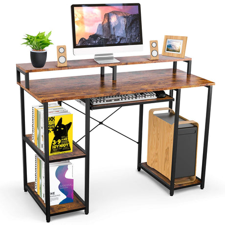 Computer Desk with Keyboard Tray and Shelf, Brown