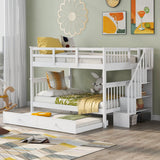 Full Stairway Bunk Bed with Twin Trundle and Storage,Solid Wood Storage Bunk Bed