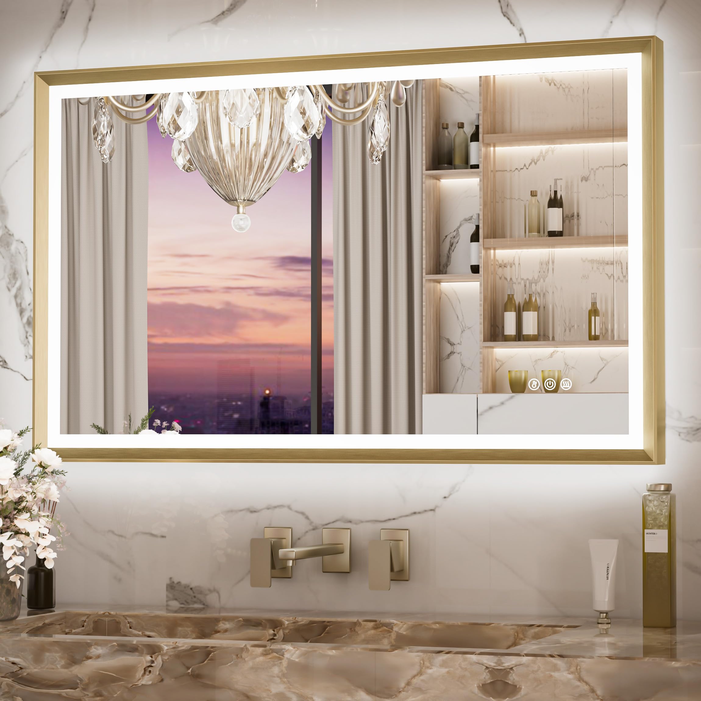 LED Bathroom Mirror, Gold Mirror with Frontlit & Backlit, Metal Framed