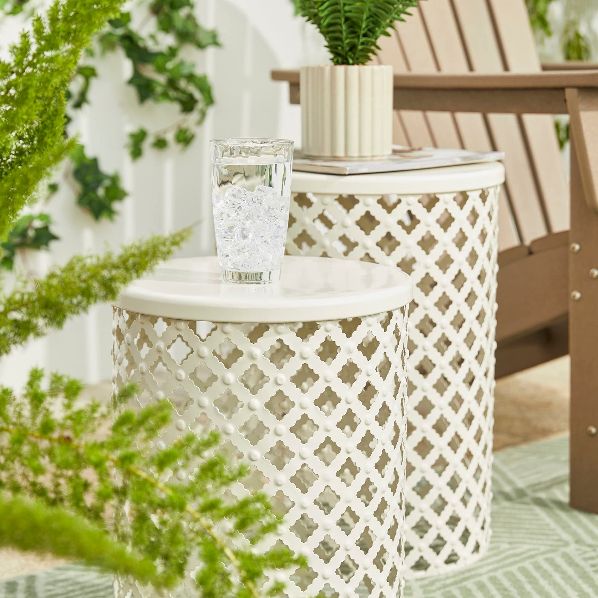 Glitzhome Outdoor Side Table Set of 2, Decorative Garden Stool for Indoor Outdoor Heavy Duty Metal Frame Accent Table Modern End Table, Glossy White - Bircata