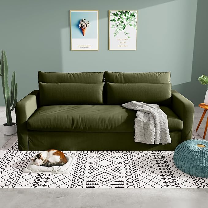 80 Inch Down Sofa Couches for Living Room Linen Fabric 3 Seater Couch