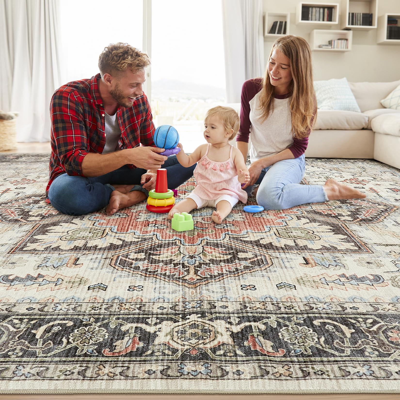 Area Rug 9x12 for Bedroom Living Room, Medallion Printed Ultra-Thin Soft Large Carpet