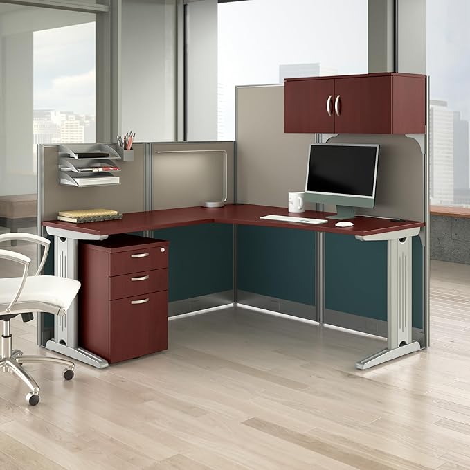 Office in an Hour L Shaped Cubicle Desk with Storage, Drawers