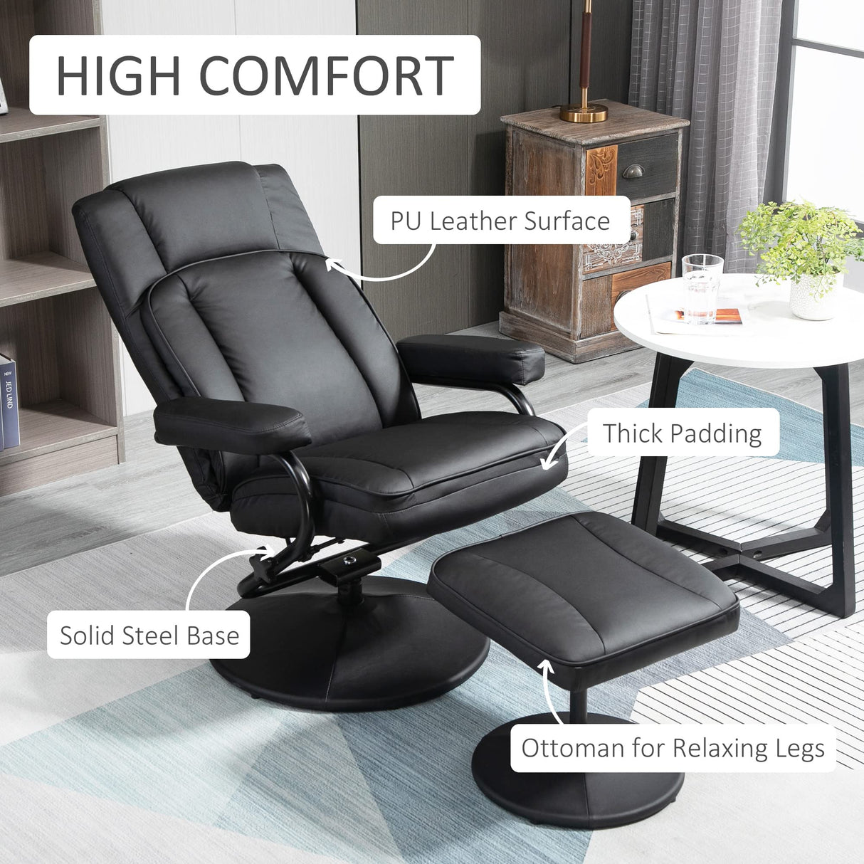 Swivel Recliner, Manual PU Leather Armchair with Ottoman Footrest for Living Room,