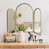 Trifold Vanity Mirror 3-Way Adjustable 30x37 Inch - Champagne Gold Arch Wall Mounted