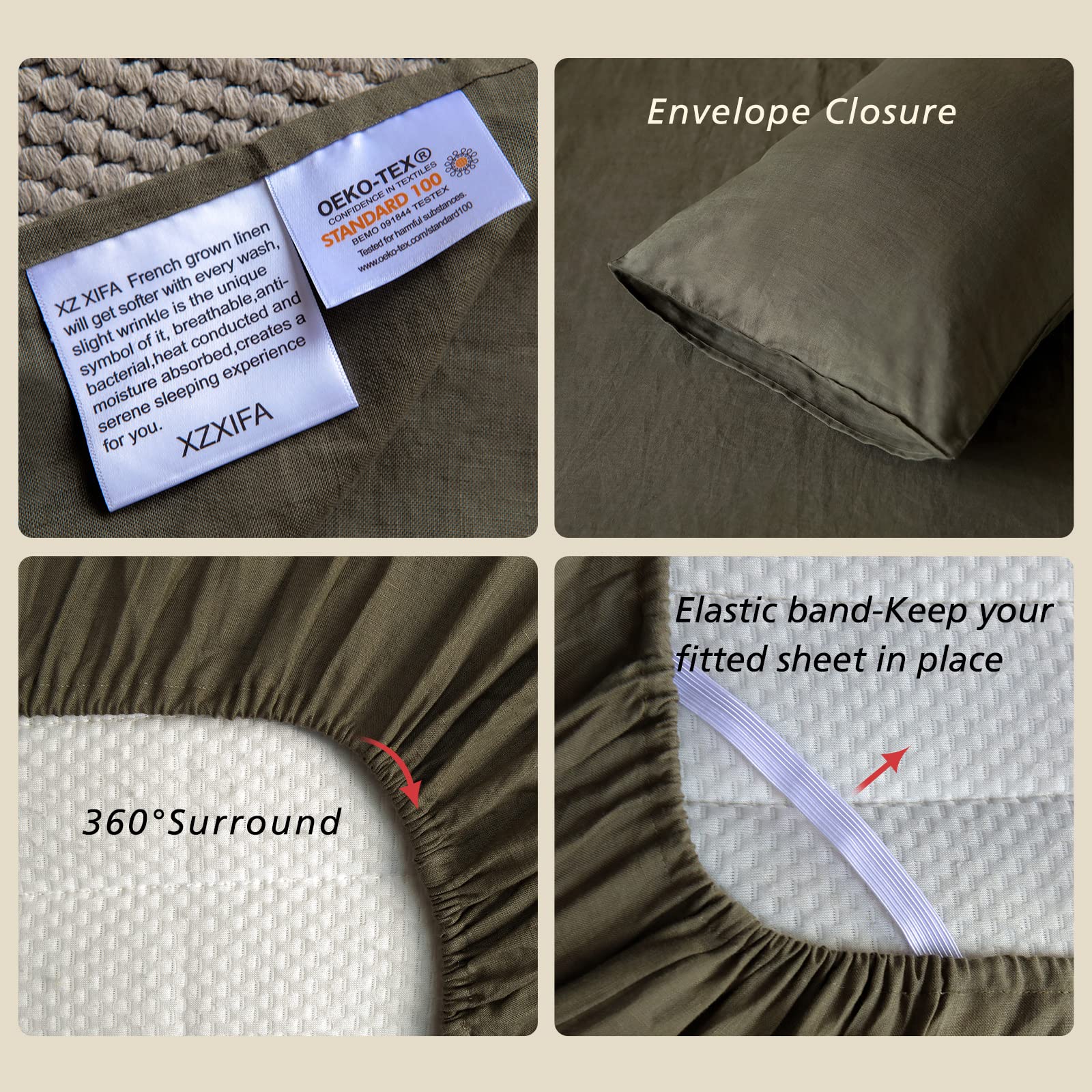 Olive Green Linen Sheets King Size Set, 100% Washed French Flax Organic Linen Sheets,