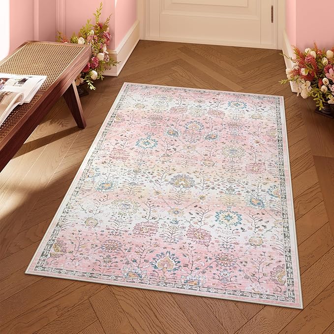 Pink Boho Area Rug, 8x10 Pink Rugs for Bedroom Girls Large Living Room Area Rugs Soft Floral Playroom Rug, Washable Rugs 8x10 Non Slip Pastel Rug for Bedroom Living Room Pink Carpet