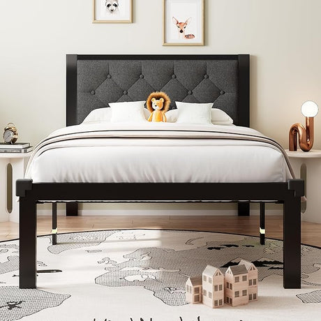 Queen Bed Frame, Metal Platform Bed Frame with Button Tufted Linen Upholstered Headboard,