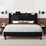 Feonase Queen Bed Frame with Charging Station, Upholstered Platform Bed Frame with Wingback Storage Headboard, Solid Wood Slats Support, No Box Spring Needed, Black