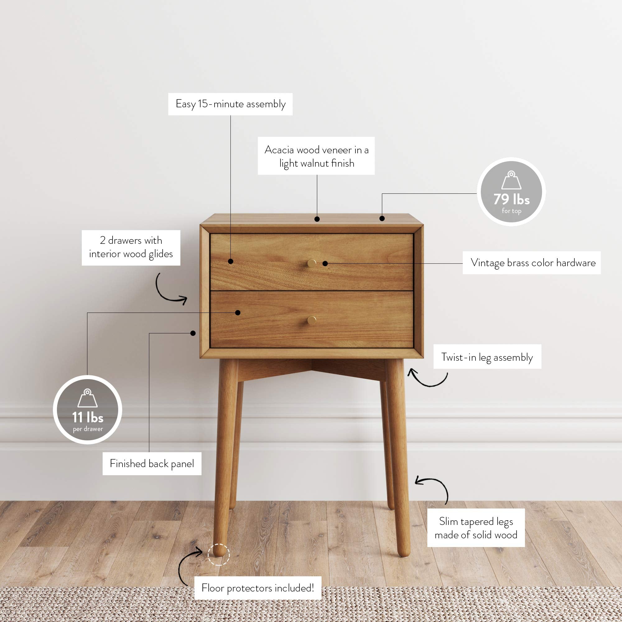 32704 Harper Mid-Century Oak Wood Nightstand with 2-Drawers, Small Side End Table