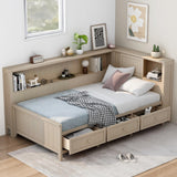 Wood Twin Daybed Frame with Storage Shelves and 3 Drawers, Antique White Milk