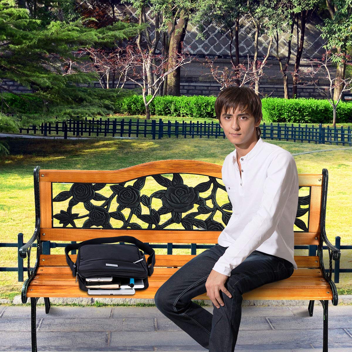 Outdoor Garden Bench, Patio Bench with Large Rose Cast Backrest & Comfort Wood Seat