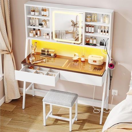 Vanity Desk with Mirror and Lights, Makeup Vanity with 3 Color Modes & Brightness Adjustable