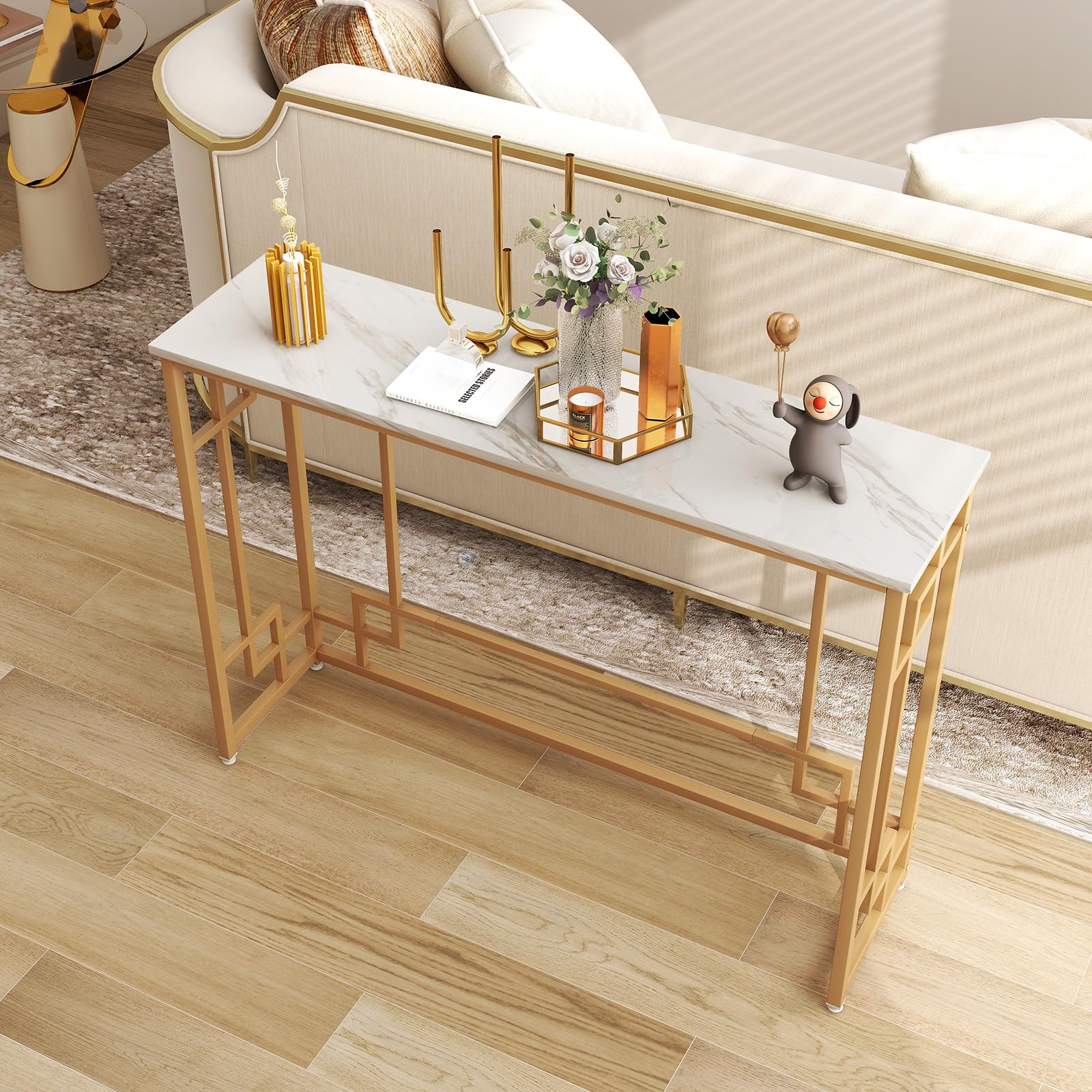 43.5" Modern Console Table, Narrow Entryway Table with Geometric Golden Frame & White Faux Marble Tabletop,