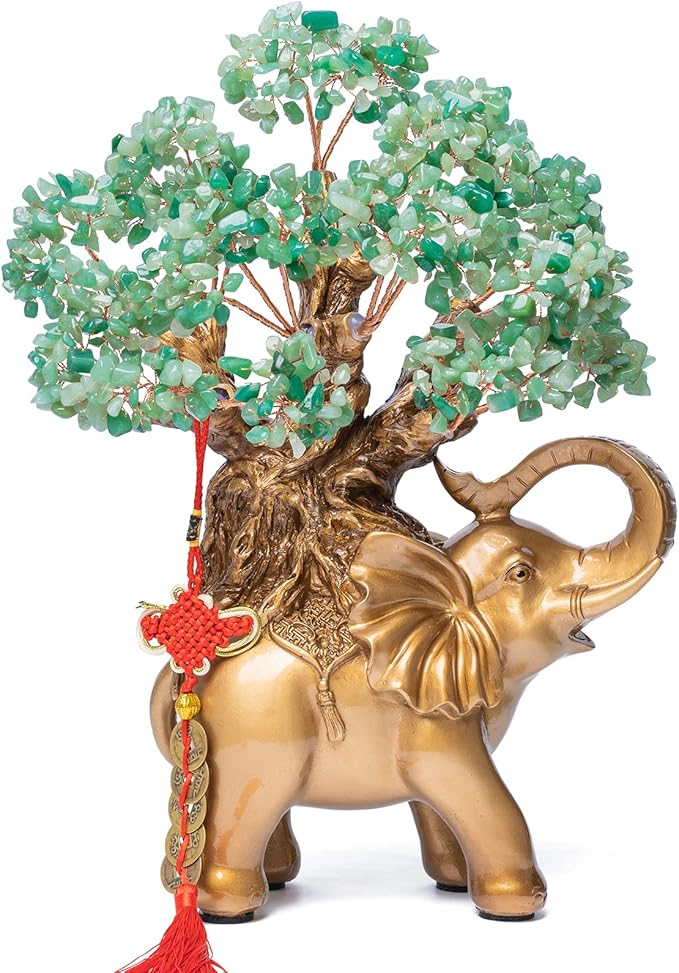7 Chakra Crystal Money Tree on Gold Elephant Statue, 17”Large Gemstone Bonsai Tree
