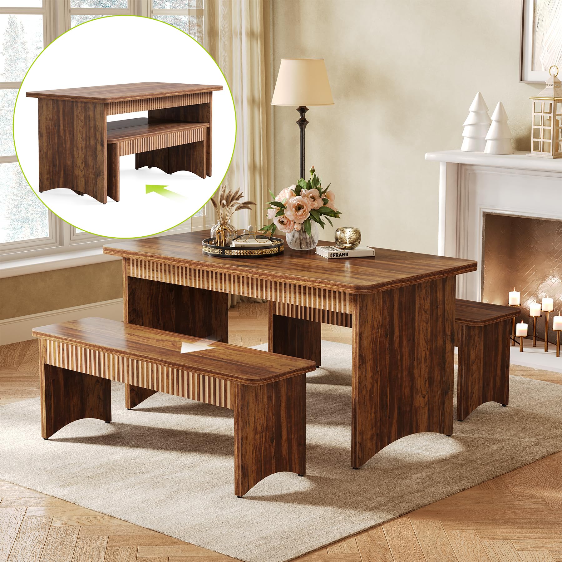 55" Farmhouse Dining Table Set with 2 Benches