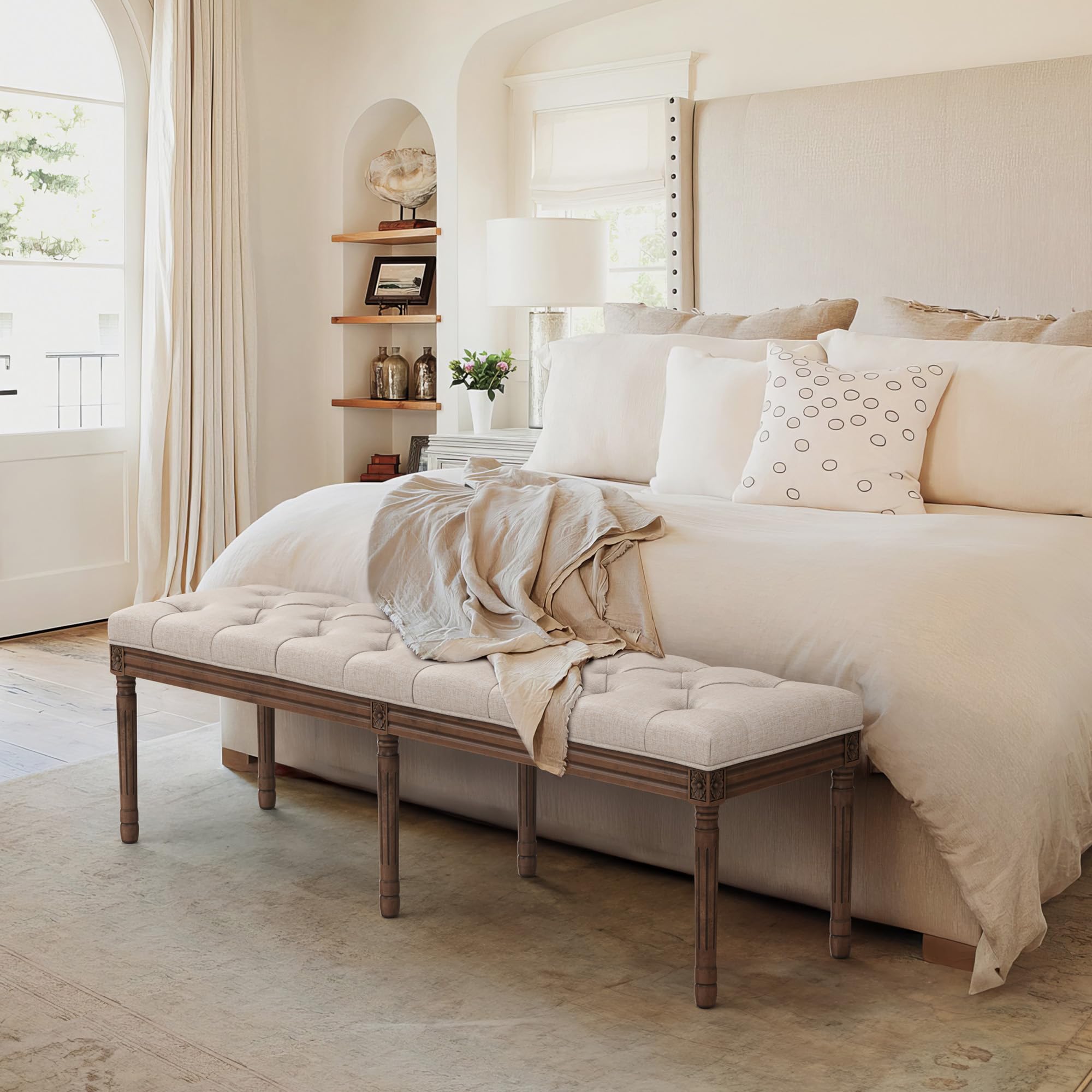 60" Bedroom Bench, Vintage French Tufted End of Bed Bench