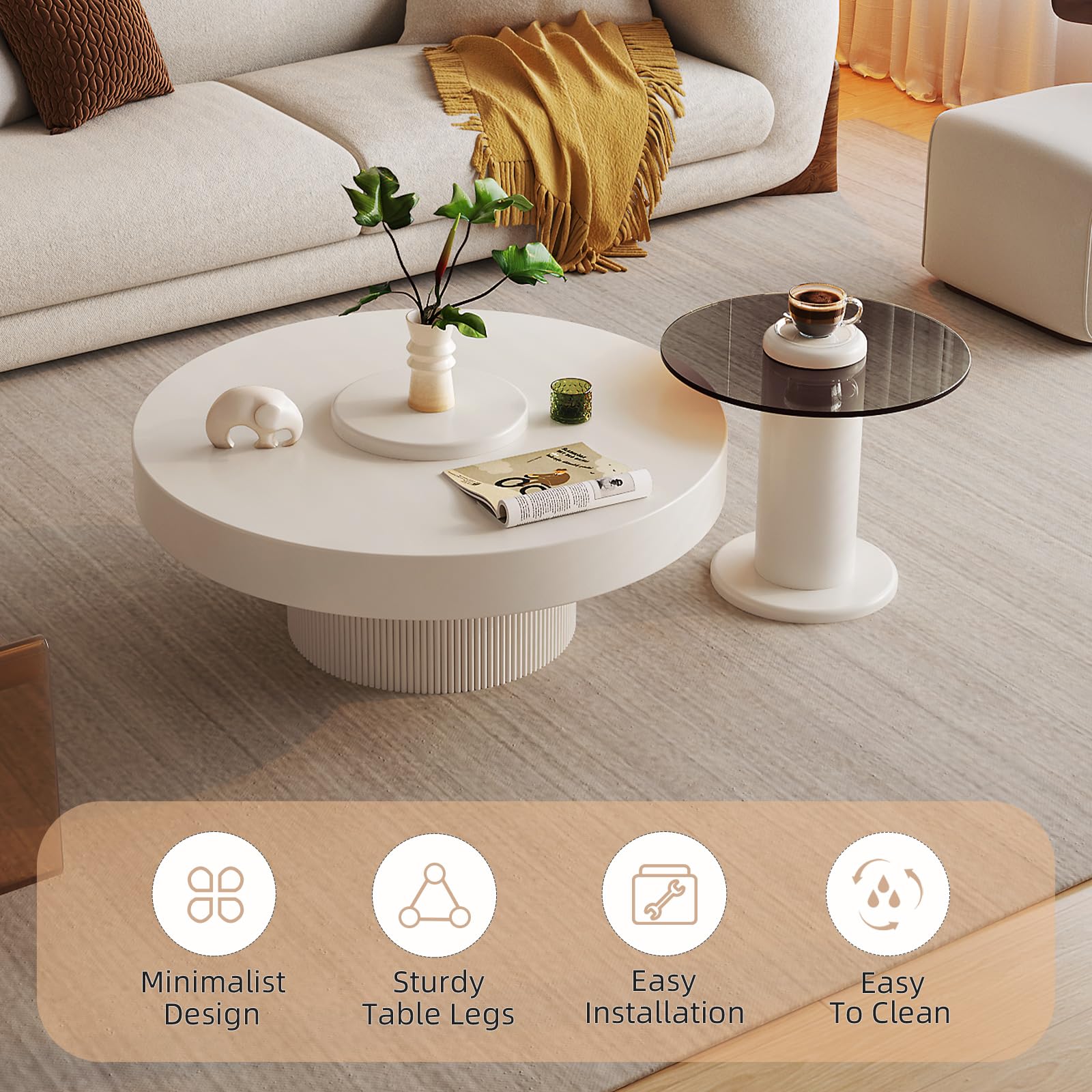 Round Nested Coffee Table Set, Creamy White Coffee Table and Tempered Glass Side Table Set, 2 in 1 Modern Nesting Coffee Table,