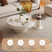 Round Nested Coffee Table Set, Creamy White Coffee Table and Tempered Glass Side Table Set, 2 in 1 Modern Nesting Coffee Table,