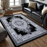 Traditional Hand-Carved Area Rug 5x7 - Black & Grey Floral Medallion