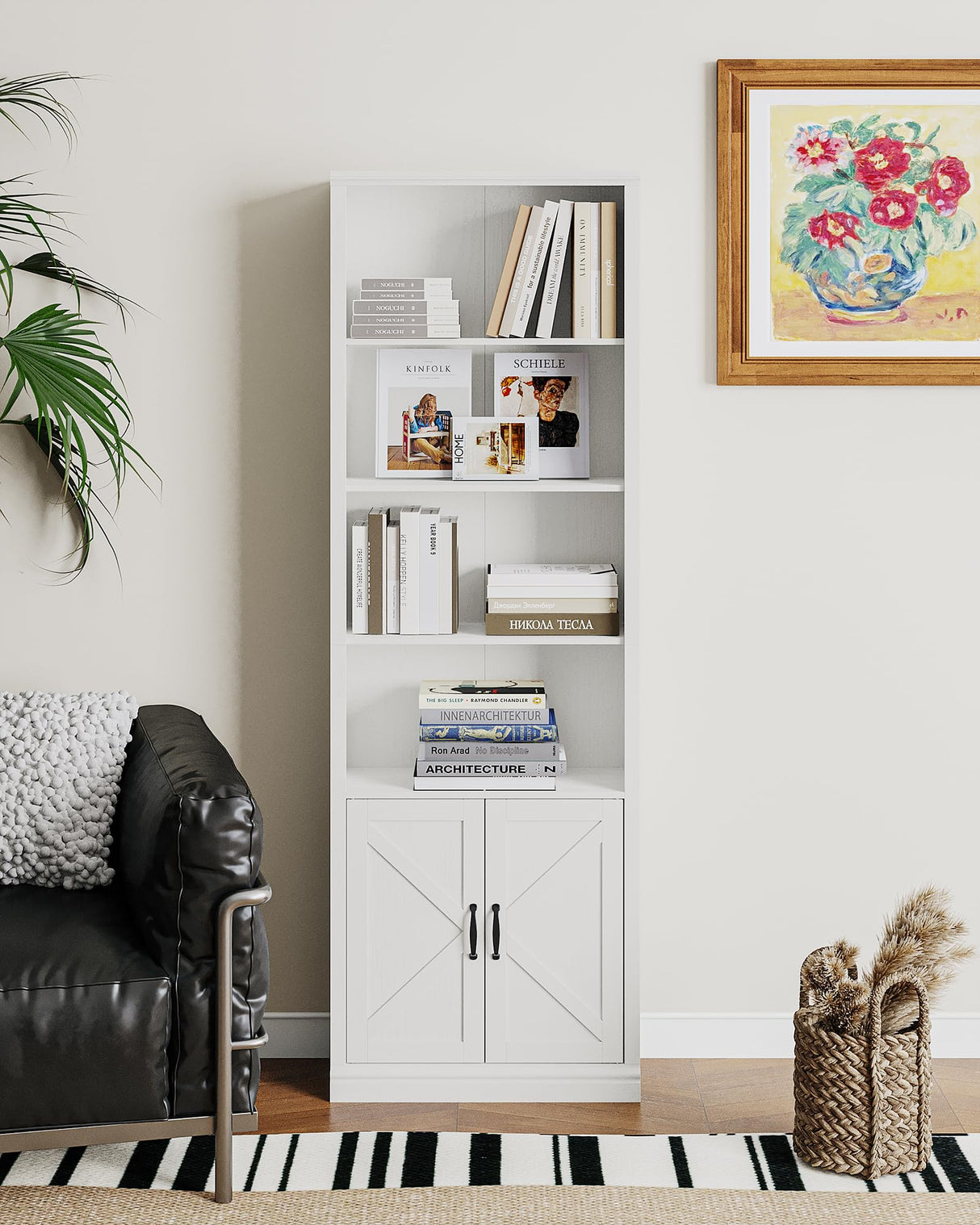 5 Tier Bookshelf Bookcase with Cabinet Doors, 70 in Tall Wooden Bookshelves