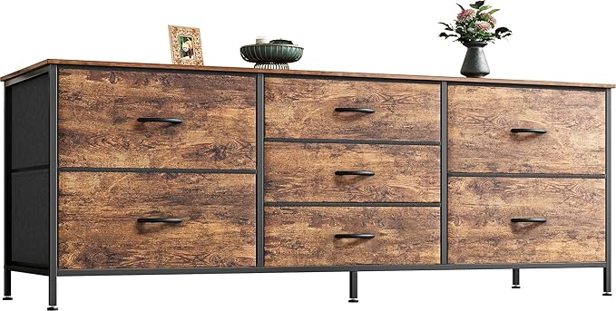 Dresser for Bedroom, 55 Inch Dresser TV Stand for 43, 55, 60 Inch TV, Long Dresser, Fabric Dresser, TV Stand with 7 Drawers, Storage Dresser for Closet, Clothing, Rustic Brown