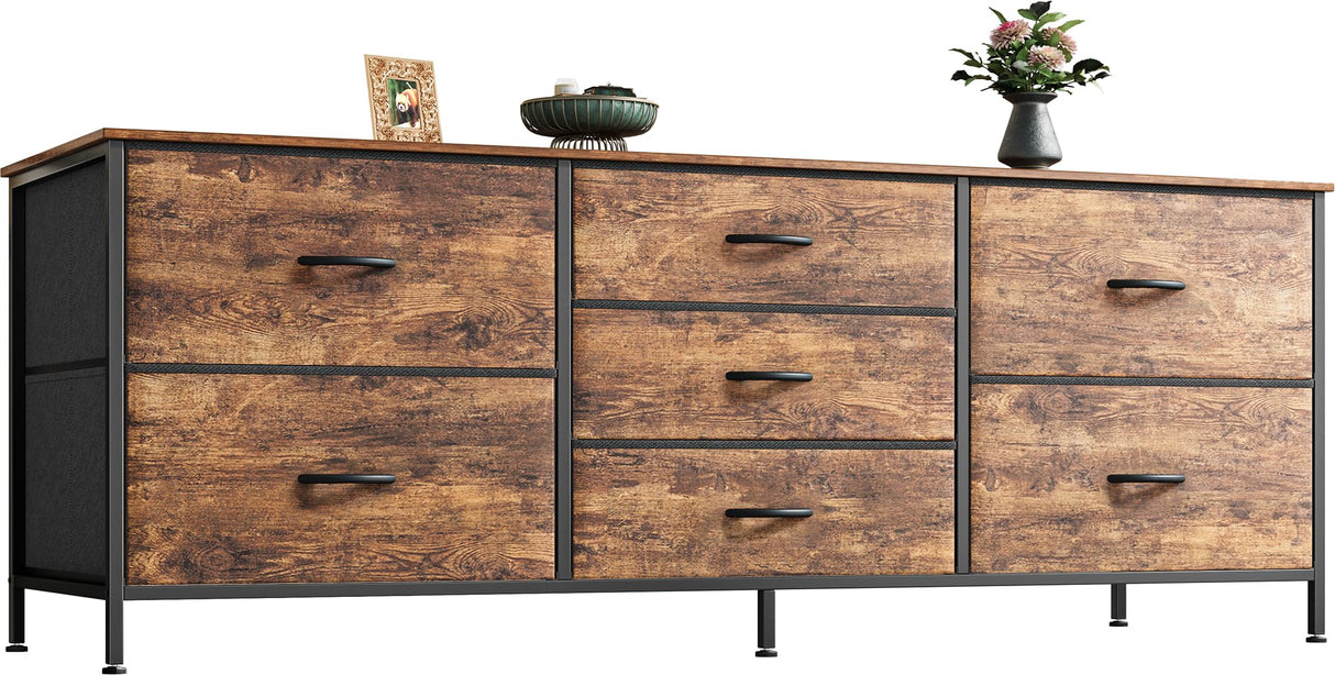 Dresser for Bedroom, 55 Inch Dresser TV Stand for 43, 55, 60 Inch TV, Long Dresser, Fabric Dresser, TV Stand with 7 Drawers, Storage Dresser for Closet, Clothing, Rustic Brown