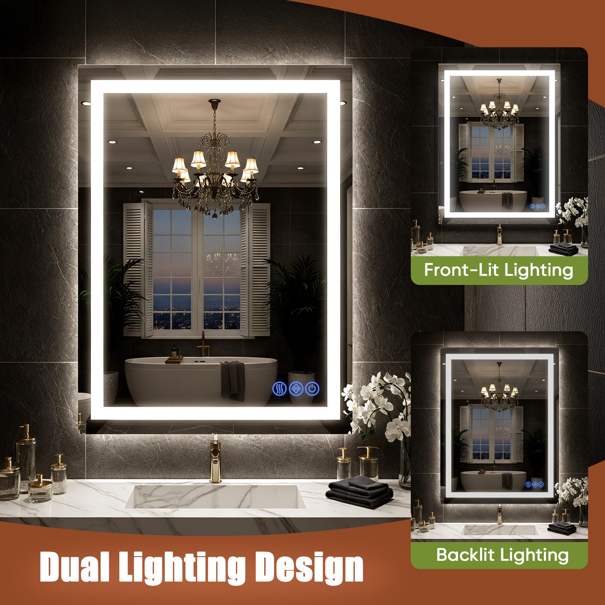 40x30 LED Bathroom Mirror - Wall Mounted with Dimmable Front & Backlit