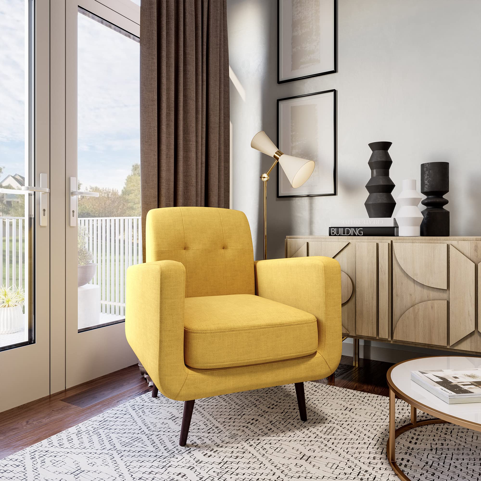 Century Modern Accent Chair, Contemporary Vintage Upholstered Linen Armchair, Comfy Single Couch Sofa for Living Room Bedroom Office - Hasting (Yellow)