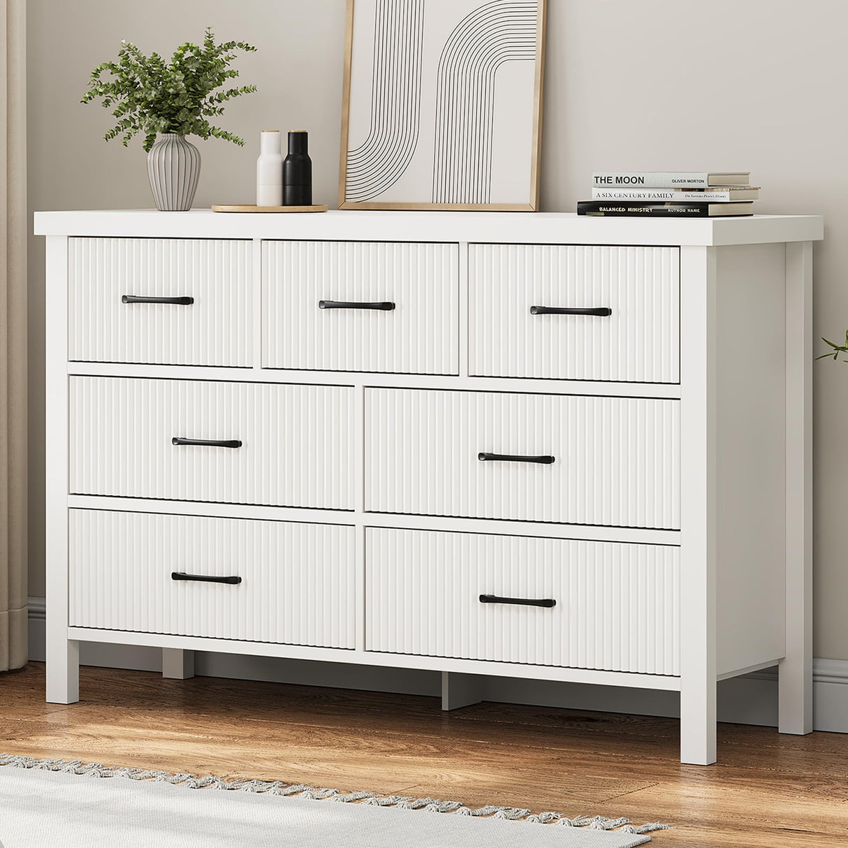 White Dresser 7 Drawer Dresser for Bedroom, Modern Fluted Dresser with Solid Wood