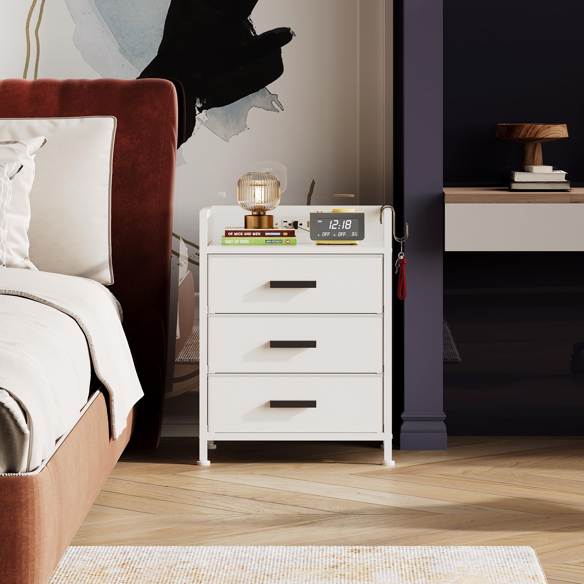 Set of 2 Side Table with Fabric Drawers, End Table