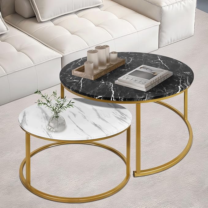 Round Coffee Table Set of 2, Nesting Marble Coffee Tables Accent Side Tables