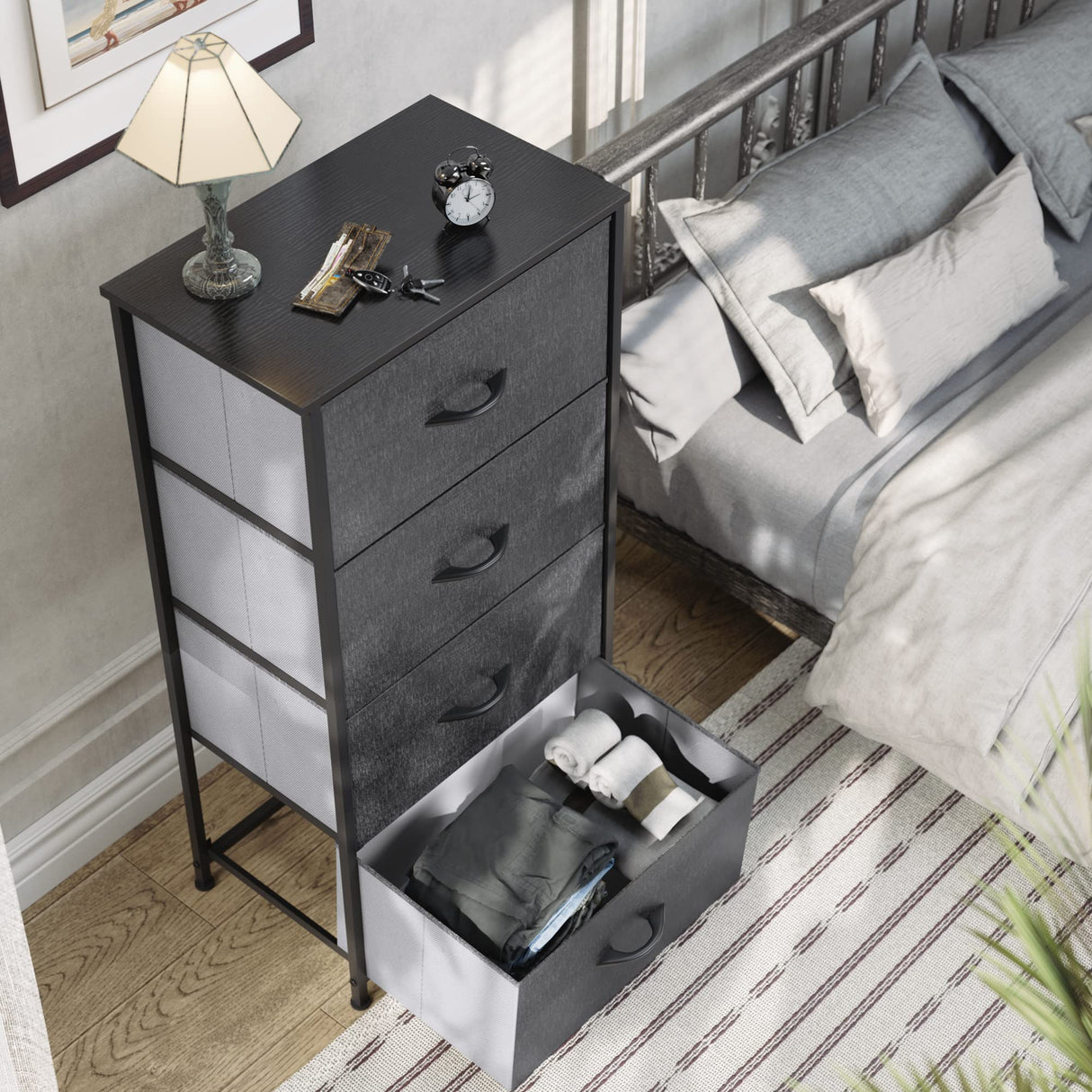 Storage Tower with 4 Drawers - Fabric Dresser, Organizer Unit for Bedroom, Living Room,