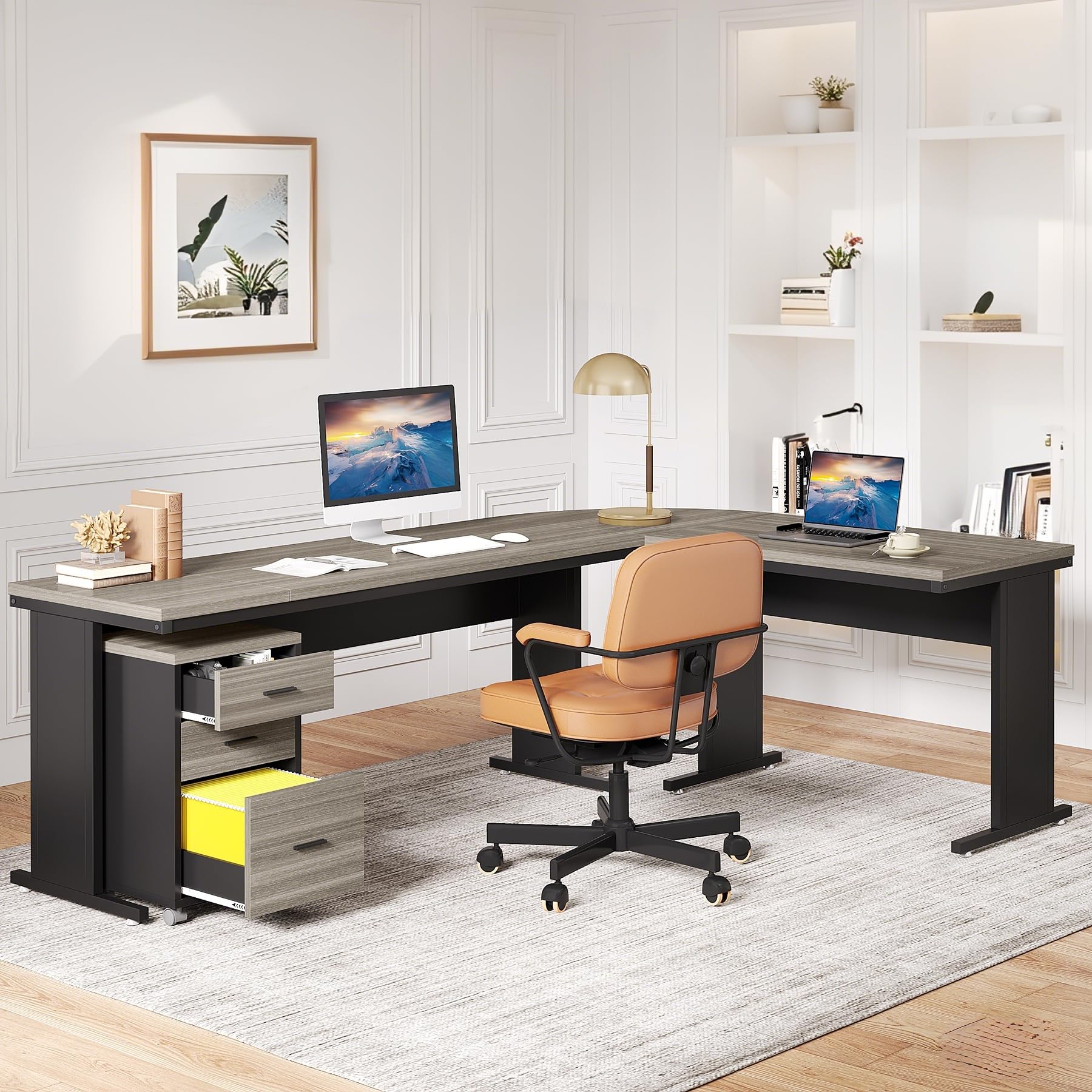 83 Inch L-Shaped Executive Desk with File Cabinet, Large L Shape Computer Desk